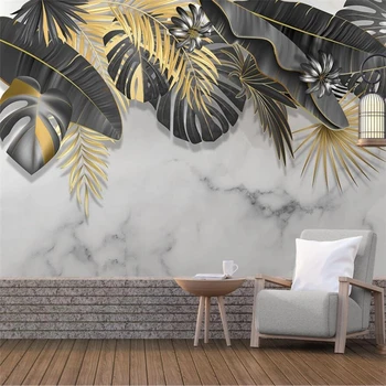 Papel de parede personalizado 3d Nórdicos minimalista pintados à mão tropical de folhas de plantas de jazz branco de mármore na parede do fundo sala de estar фотообои