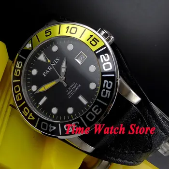 Parnis 42mm mostrador preto, ponteiros luminosos e marcas vidro de safira pulseira de couro MIYOTA Automático homens relógio de 605A relógio masculino