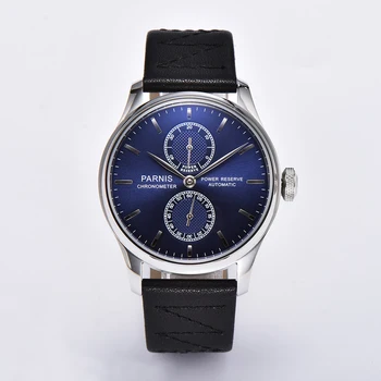 Parnis 43mm Blue Dial Automático Homens Relógio de Reserva de Energia Mecânica Relógios Pulseira de Couro Preto Homens Relógio Marca de Topo Luxo 2022