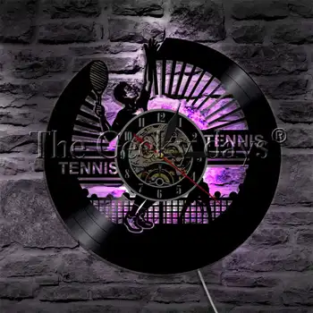 Partida de tênis disco de Vinil Relógio de Parede Moderna da Parede do DIODO emissor de Luz de Esporte Jogador de Tênis com Iluminação Decorativa Para o Tênis Amante de Dom 2