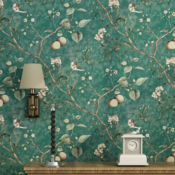 País da américa papel de parede idílico nostálgico sala de estar, quarto escuro, verde, flores e pássaros PLANO de fundo de parede papel de parede
