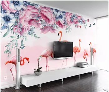 Personalizado mural de fotos em 3d papel de parede de rosas Frescas borboleta flamingo fundo de melhoria home, sala de estar papel de parede para parede 3 d
