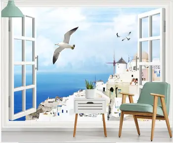 Personalizado mural sobre o papel de parede 3d Bela praia de construção de janela paisagem decoração de casa foto de papel de parede na sala de estar