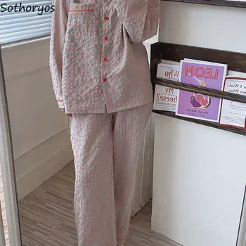 Pijama Conjuntos Simples das Mulheres na Moda Doce de Retalhos da Manta Pijama Aluno Bolso de Algodão de Manga Longa e Calças Sweet Home Desgaste Linda 2