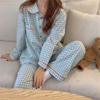 Pijama Conjuntos Simples das Mulheres na Moda Doce de Retalhos da Manta Pijama Aluno Bolso de Algodão de Manga Longa e Calças Sweet Home Desgaste Linda 3
