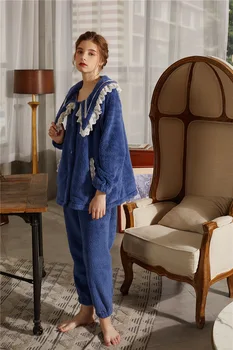 Pijama de flanela de Inverno Senhoras Coral do Fleece Homewear Pijama Conjunto Senhora azul Marinho 1