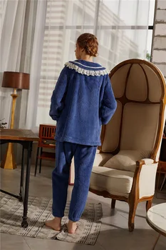 Pijama de flanela de Inverno Senhoras Coral do Fleece Homewear Pijama Conjunto Senhora azul Marinho 2