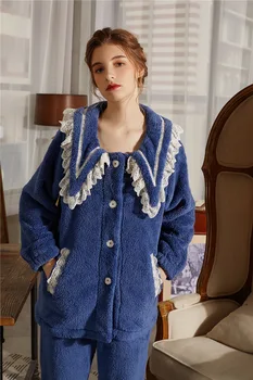 Pijama de flanela de Inverno Senhoras Coral do Fleece Homewear Pijama Conjunto Senhora azul Marinho 3