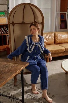 Pijama de flanela de Inverno Senhoras Coral do Fleece Homewear Pijama Conjunto Senhora azul Marinho 4