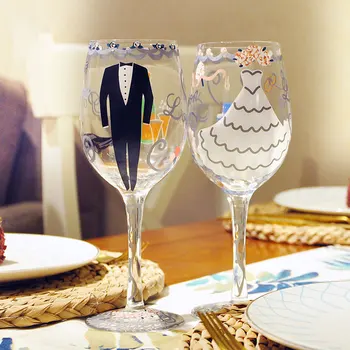 Pintados À Mão De Vidro Cálice Conjunto Presente De Casamento Banquete De Vidro Copo Do Vinho Home Bar Wineware Pintado Vestido De Noiva Taças Copos Criativos