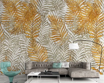 Planta Tropical deixa vintage dourado 3d papel de parede mural,sala de estudo sofá de TV de parede quarto papéis de parede decoração do restaurante