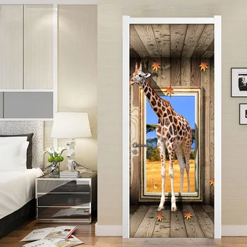 Porta Adesivos 3D Girafa Animal Cartaz Sala na Porta do Quarto Adesivo Impermeável Arte de Parede Decalques Adesivo de Parede papel de Parede Mural