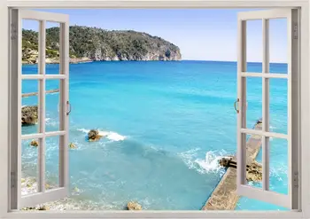 Praia adesivo de parede da janela de visualização 3D, cais de pedra da praia de autocolantes de parede para decoração de casa, colorido costa na europa arte de parede para crianças da creche chi