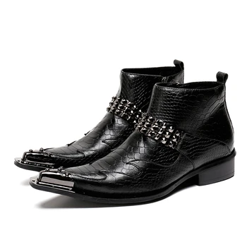 Preto Com Rebite De Metal Homens Zipper Couro Genuíno Apontou Toe Ankle Boots Plus Size 46 Festa De Moda De Vestido De Negócio Sapatos
