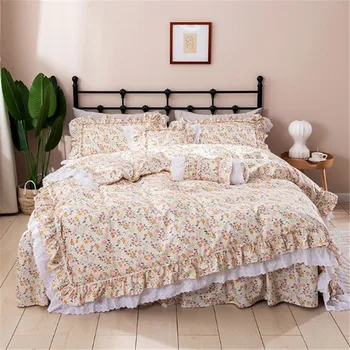 Princesa pastoral bordado floral ruffles skirt conjunto de roupa de cama покрывало для кровати puro algodão ropa de cama conjunto de capa de edredão