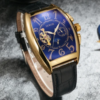 Pulseira de Couro genuíno Relógio Mecânico Automático Marca de Luxo Masculina, a Auto-liquidação Ouro Azul Mecânica de AFAZERES dos Homens Relógios de Pulso