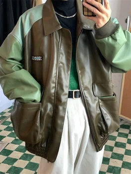 QWEEK 90 Vintage Verde Jaqueta de Couro Mulheres de grandes dimensões coreano Moda Patchwork Varsity Uniforme Harajuku Retro Solta Outerwear