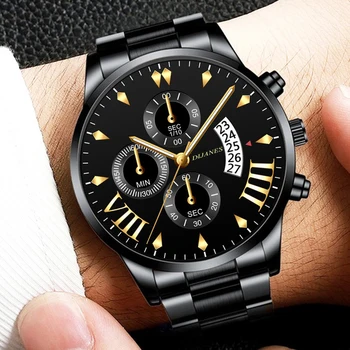 Relógio de luxo Homens de Preto de Aço Inoxidável Relógios de Pulso para Homens Relógio Militar Calendário Ocasionais de Mens Relógios de Quartzo relógio de Pulso Reloj