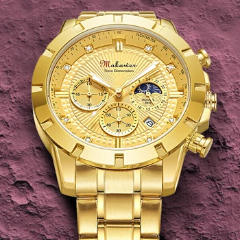 Relógio de ouro para os Homens Warterproof Esportes Mens Watch de melhor Marca de Luxo, Relógio da Fase da Lua Masculino relógio de Pulso de Quartzo Todos Ponteiro de Trabalho