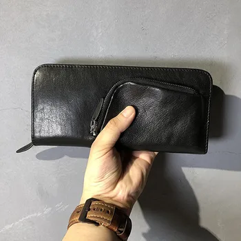 Retro artesanais Real de couro de homens longo da carteira casual natural de alta qualidade real de carteira em pele multi-cartão de bolso saco do telefone móvel