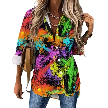 Retro Respingo de Tinta Blusa Mulheres de Impressão Colorida Moda de Rua Solto Outono Blusas de Manga Longa, Bonita Camisa de Roupas de Grande Tamanho 3XL