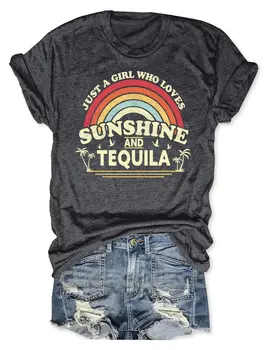 Rheaclot Garota Que Ama o Sol e Tequila Mulher do Algodão do T-shirt Senhoras Tee Gráfico Tops