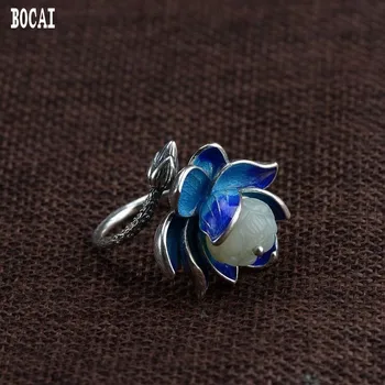 S925 prata vintage queimado azul de artesanato anel de prata da forma e hetian pedra natural lotus anel