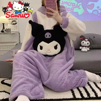 Sanrio Kuromi Cinnamoroll Mulheres Inverno Coral de Lã de Pijama desenho animado Infantil Doce Loungewear de Veludo Espesso Mais Luxuoso do Pijama
