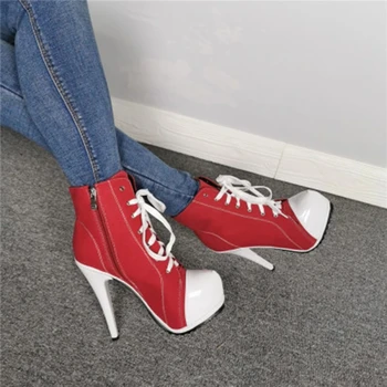 Sapatos de Mulher Ocidental de Jeans, Botas de Cowboy Para Senhoras Plataforma de Salto Alto Ankle Boots Laço Bottes Femme Plus size 12 13 15 2