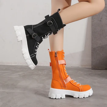 Sapatos femininos 2021 Nova Primavera Estilo Plataforma Botas Confortáveis do Zíper Casual Meados de Bezerro Dedo do pé Redondo Televisão com Botas de Femmes Bottes 4
