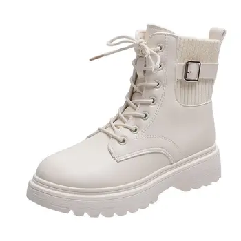 Sapatos Para as Mulheres 2021 de Outono, Moda de Inverno Mostrar Toda a correspondência Lace-up Branco Malha Stretch Quadrado de Fivela no Tornozelo Punk Martin Chelsea Bo 0