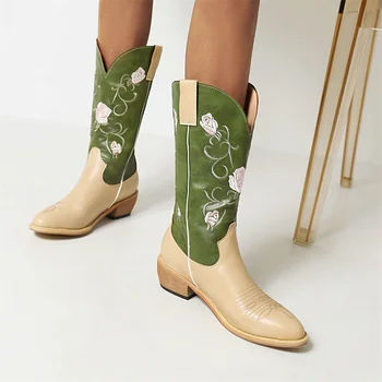 SARAIRIS Mulheres Sapatos de Salto Alto, Botas de cores misturadas meados de bezerro botas de bordados de flores ocidentais botas confortáveis andando sapatos de mulher 4