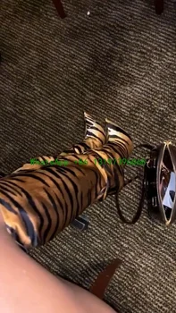 Senhoras apontado estampa de leopardo joelho comprimento botas sexy mistura de cores de salto alto, botas de moda festa passarela botas calçados calçados de tamanho 534 0