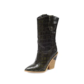 Size43 Personalizar o padrão de Crocodilo mulheres botas de grande tamanho superior alto sapatos de bico Europa estilo de calçados para o outono z910