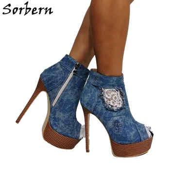 Sorbern Azul Jeans, Ankle Boots Mulheres Aberto Toe De Salto Alto Agulha Senhora Sapatos De Laço Lateral Com Zíper De Verão, Sapatos Estilo Feminino Personalizado