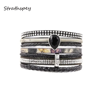 STRATHSPEY Moda de pedra de Strass Magnético Braceletes de Couro & Pulseira de Rebite Artesanal Multilayer do Envoltório de jóias de Mulheres Pulseira de Presente