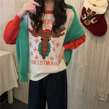 Suéteres femininos 2021 Natal Elk Impressão Vintage Camisola de Outono Inverno Solta Mangas compridas Tops coreano Moda Camisola das Mulheres 2