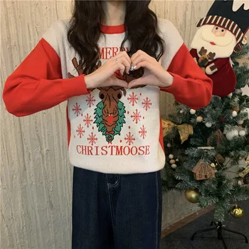 Suéteres femininos 2021 Natal Elk Impressão Vintage Camisola de Outono Inverno Solta Mangas compridas Tops coreano Moda Camisola das Mulheres 3