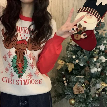 Suéteres femininos 2021 Natal Elk Impressão Vintage Camisola de Outono Inverno Solta Mangas compridas Tops coreano Moda Camisola das Mulheres 4