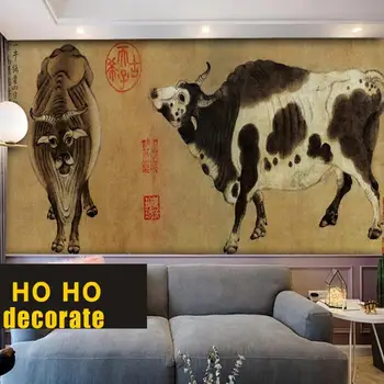 Tamanho personalizado cinco vaca imagem de papel de parede de sala de estar, quarto de jantar, escritório antigo famosas pinturas murais de pintura Chinesa