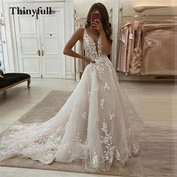 Thinyfull Elegante Decote Em V Flor Longo Boho Vestidos De Noiva Sem Mangas, De Renda Decote Em V Vestido De Noiva Vestido De Noiva Vestido Blanco