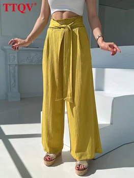 TTQV Elegante Solta Amarelo para Mulheres Calças De 2023 Moda Lace-up Cintura Alta Calças Casuais Sólida Completa de Calças de Comprimento de Vestuário Feminino