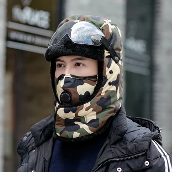 Unisex Camuflagem de Inverno, Chapéus Com Máscara de Bombardeiro Chapéu Rússia Caçador de Boné Masculino Óculos de Peles Earflap PAC
