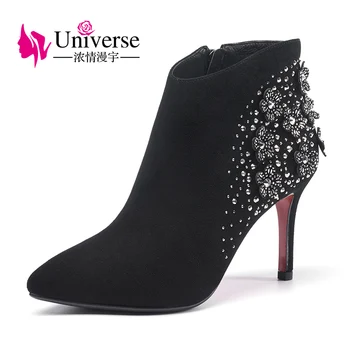 Universo elegante flor de cristal decorado finas de calcanhar tornozelo botas de inverno das mulheres botas de camurça de couro sapatos de G330