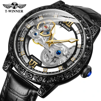 Vencedor da Marca Preto Automático de Auto-Vento Esqueleto de Luxo Design dos Homens de Couro Mecânico Relógios de pulso Masculino Relógio Relógio Masculino