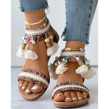 Verão As Mulheres De Moda Casual Sapatos Tribal De Borla Decoração Frisada Pulseira De Tornozelo Boho Sandálias De Praia