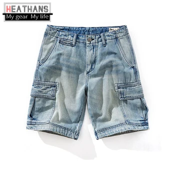 Verão de Homens de Shorts Jeans da Moda Americana Retro Cowboy Jeans Homens de Ferramentas Azul Lavado Calças de Homens Soltos Casual Jeans Calças Curtas