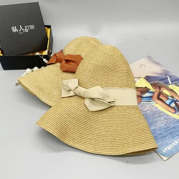 Verão, protetor solar cúpula beiral largo monocromático mulheres urdidura de malha simples chapéu de palha pode ser dobrado de moda popular bom balde de chapéus 1