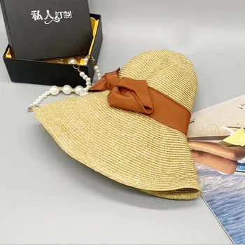 Verão, protetor solar cúpula beiral largo monocromático mulheres urdidura de malha simples chapéu de palha pode ser dobrado de moda popular bom balde de chapéus 2