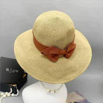Verão, protetor solar cúpula beiral largo monocromático mulheres urdidura de malha simples chapéu de palha pode ser dobrado de moda popular bom balde de chapéus 4